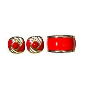 Vintage Trifari Red & Gold Earrings and Bracelet Set